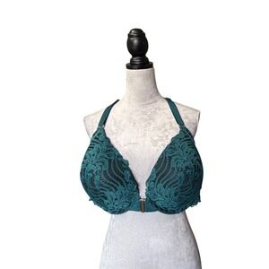 Cacique Teal Green Lace Front Close Racerback Plunge Bra 44DDD Strappy Back